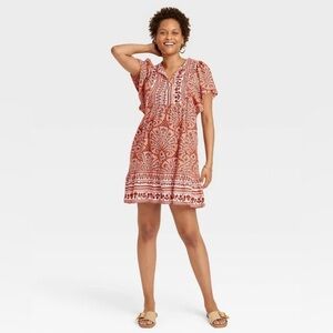 Knox Rose Ruffle Short-Sleeve A-Line Dress in orange, brown, and white paisley